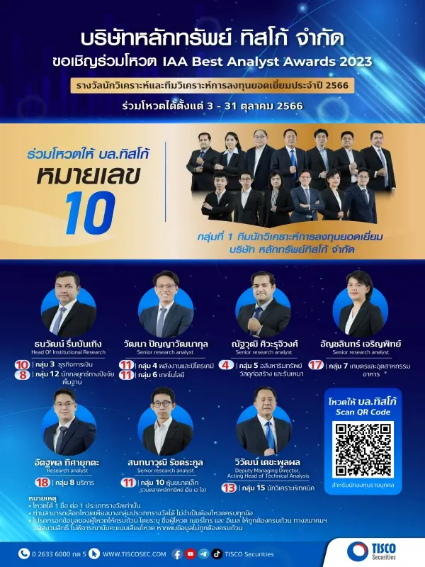 ประชาสัมพันธ์ ขอเชิญนักลงทุนร่วมโหวตให้ทิสโก้ รางวัลนักวิเคราะห์และทีมวิเคราะห์การลงทุนยอดเยี่ยมประจำปี 2566 1 1696845098041
